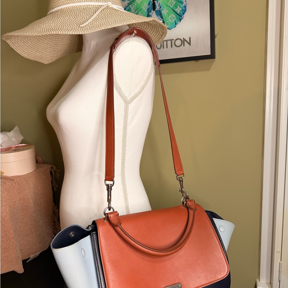 CELINE Trapeze Small Leather 2way Shoulder Bag Sky Blue& Navy & Brown - Picture 14 of 16